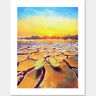 Dramatic sunset over drought earth illustration Posters and Art